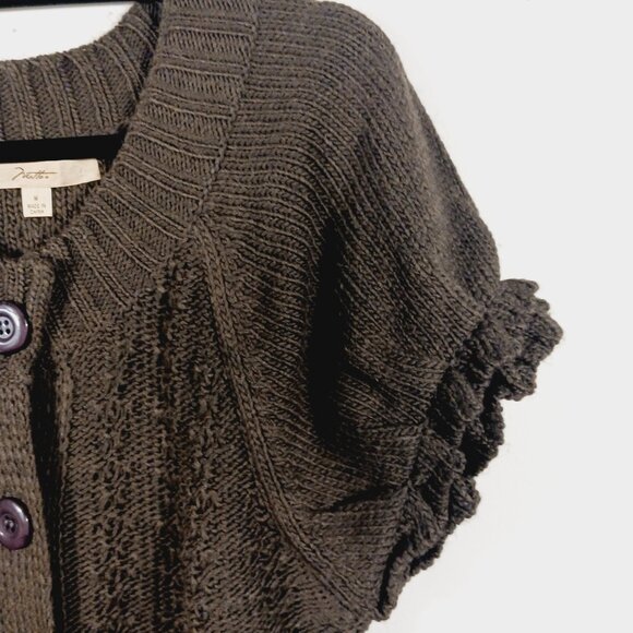 Motto, Deep Brown Long Cardigan, Short Puffy Sleeves W/ Ruffle,  Size Medium - Picture 6 of 13